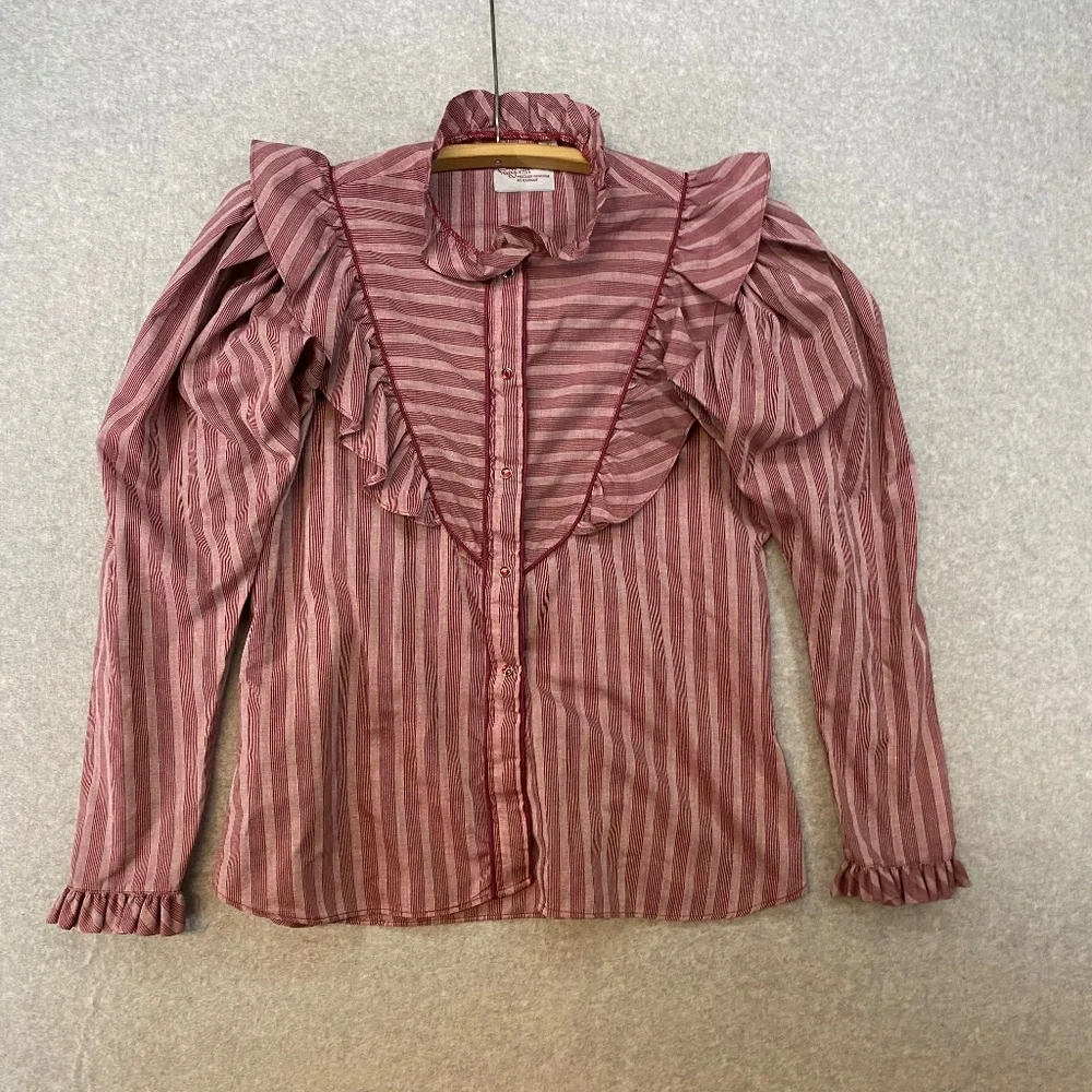 Striped Ruffle Button-Front Blouse - Dusty Rose - Picture 1 of 9
